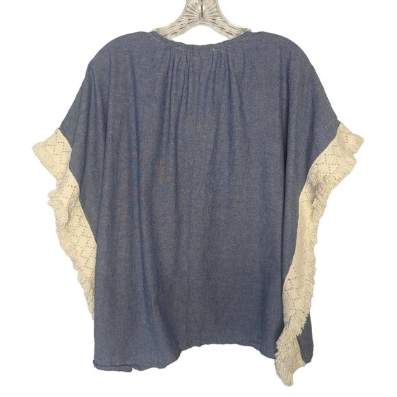 Original SOUVENIR EDITION by STACI WOO blue ivory fringe Bohemian Cotton Top S - Picture 2 of 10